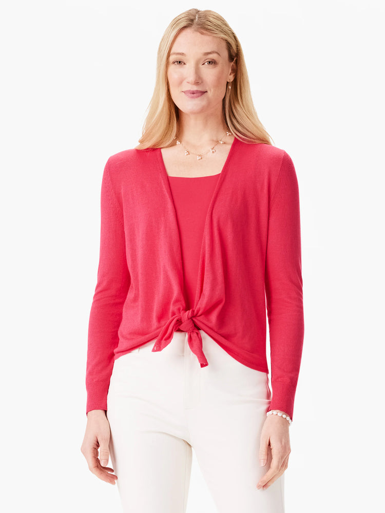 Bright red long-sleeve cardigan, tied at the front over a matching top.