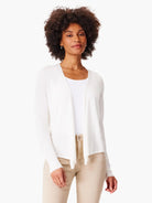White open-front cardigan with draped front and long sleeves.