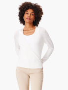 Cream long-sleeve cardigan styled as a wrap-front top with crossover panels.