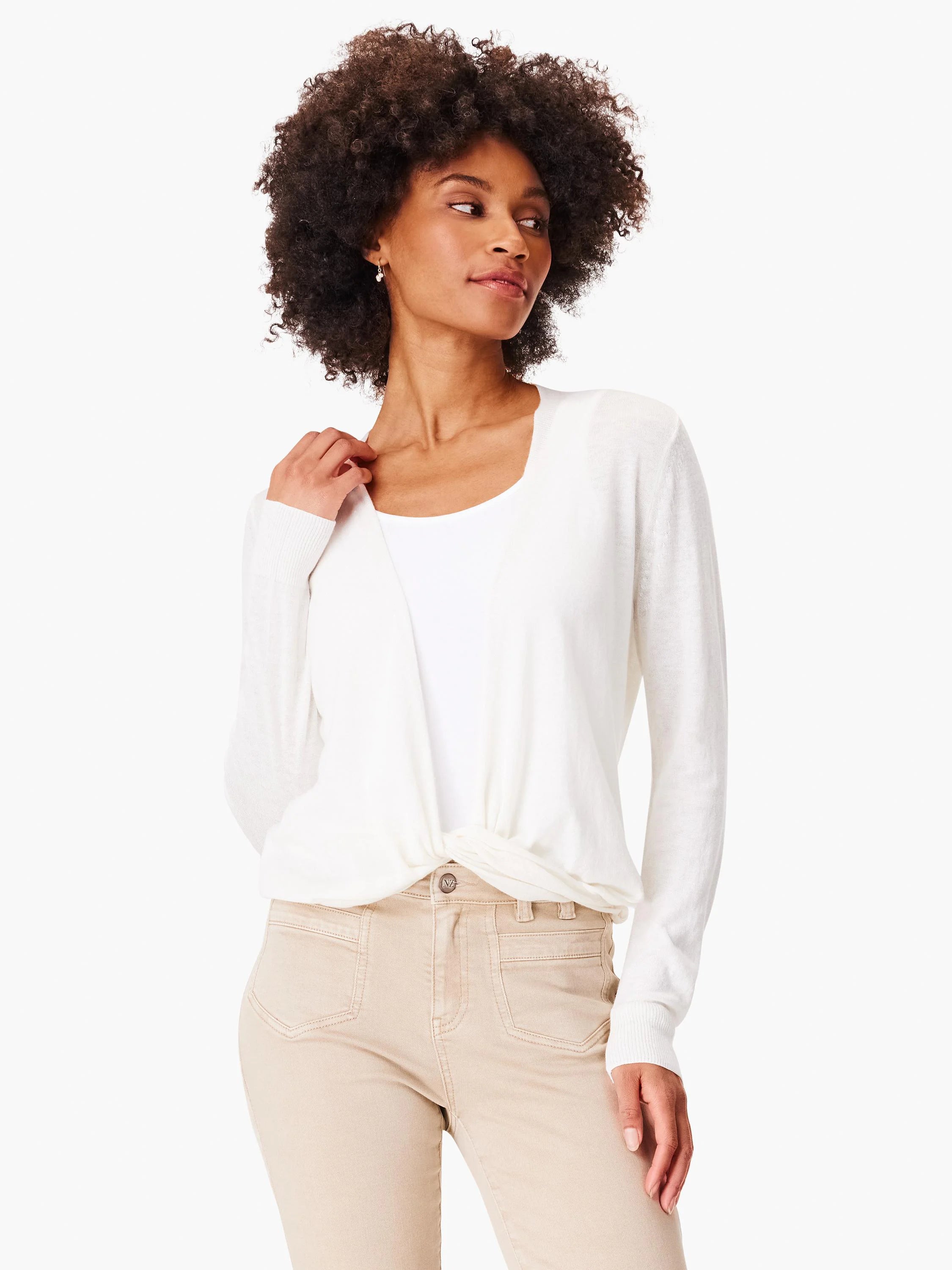 Off-white, long-sleeve cardigan with an open front, tied in a knot at the waist.