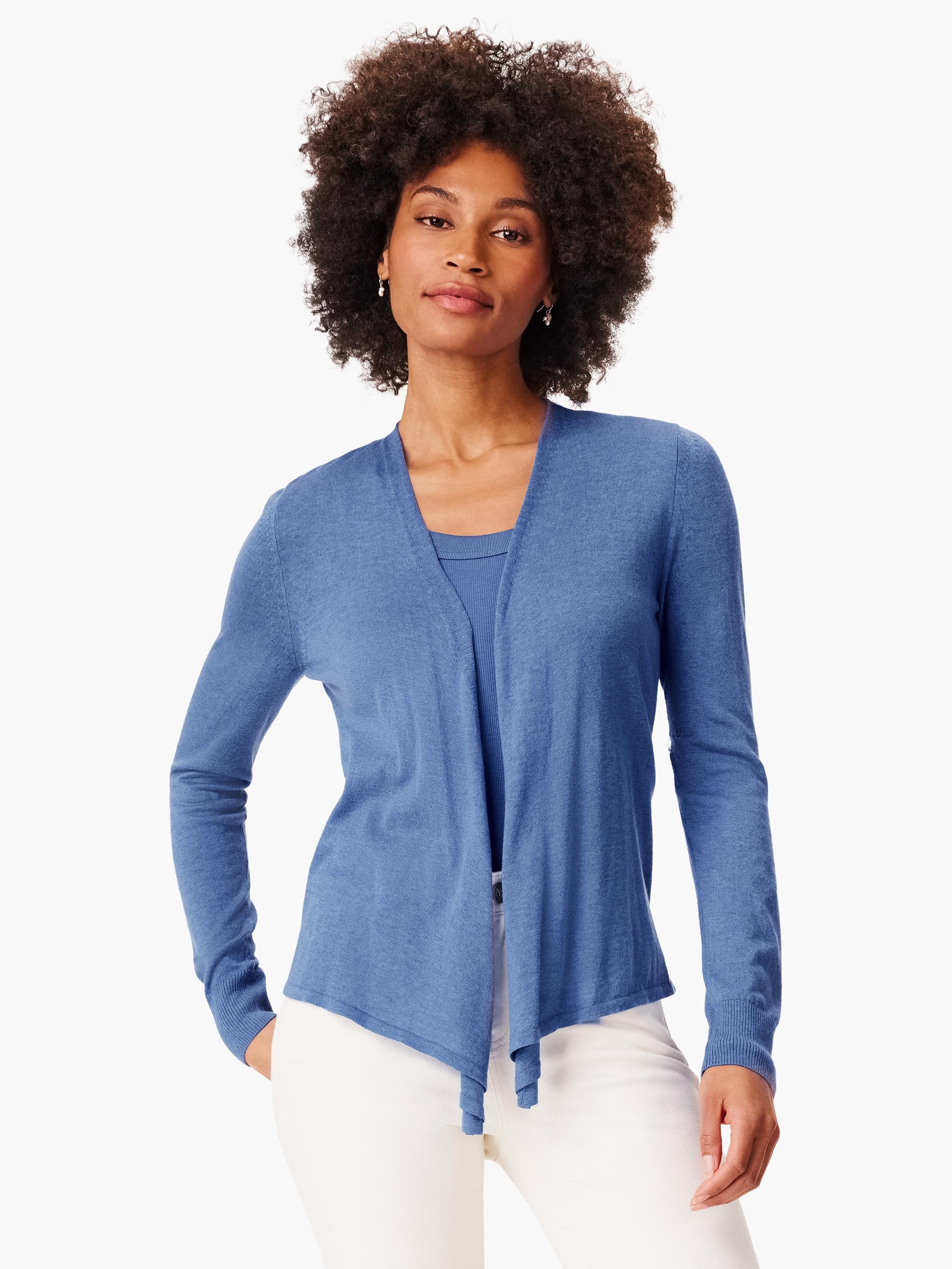 Periwinkle blue open-front cardigan with long sleeves, ribbed cuffs, and twisted, draped front panels.