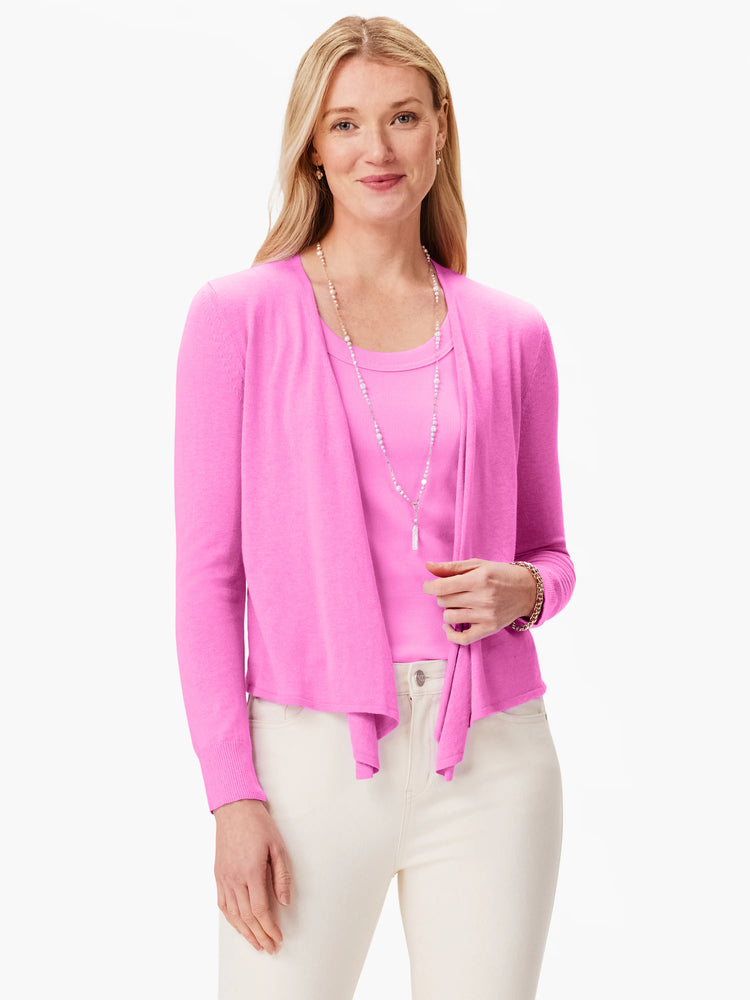 Bright pink open-front cardigan with long sleeves and a draped, smooth knit front.