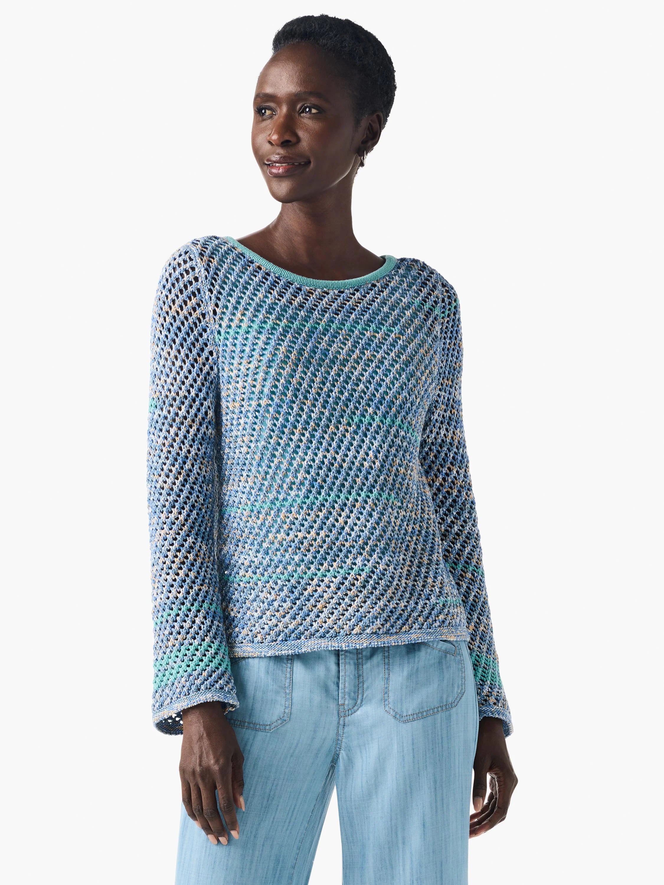 Blue, teal, beige mesh knit cardigan with boat neck, long sleeves, and ribbed trim.