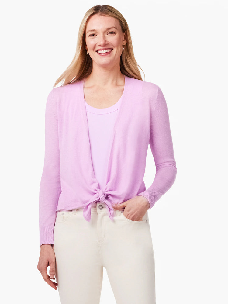 Light pink long-sleeve cardigan with an open front, tied in a knot at the waist.