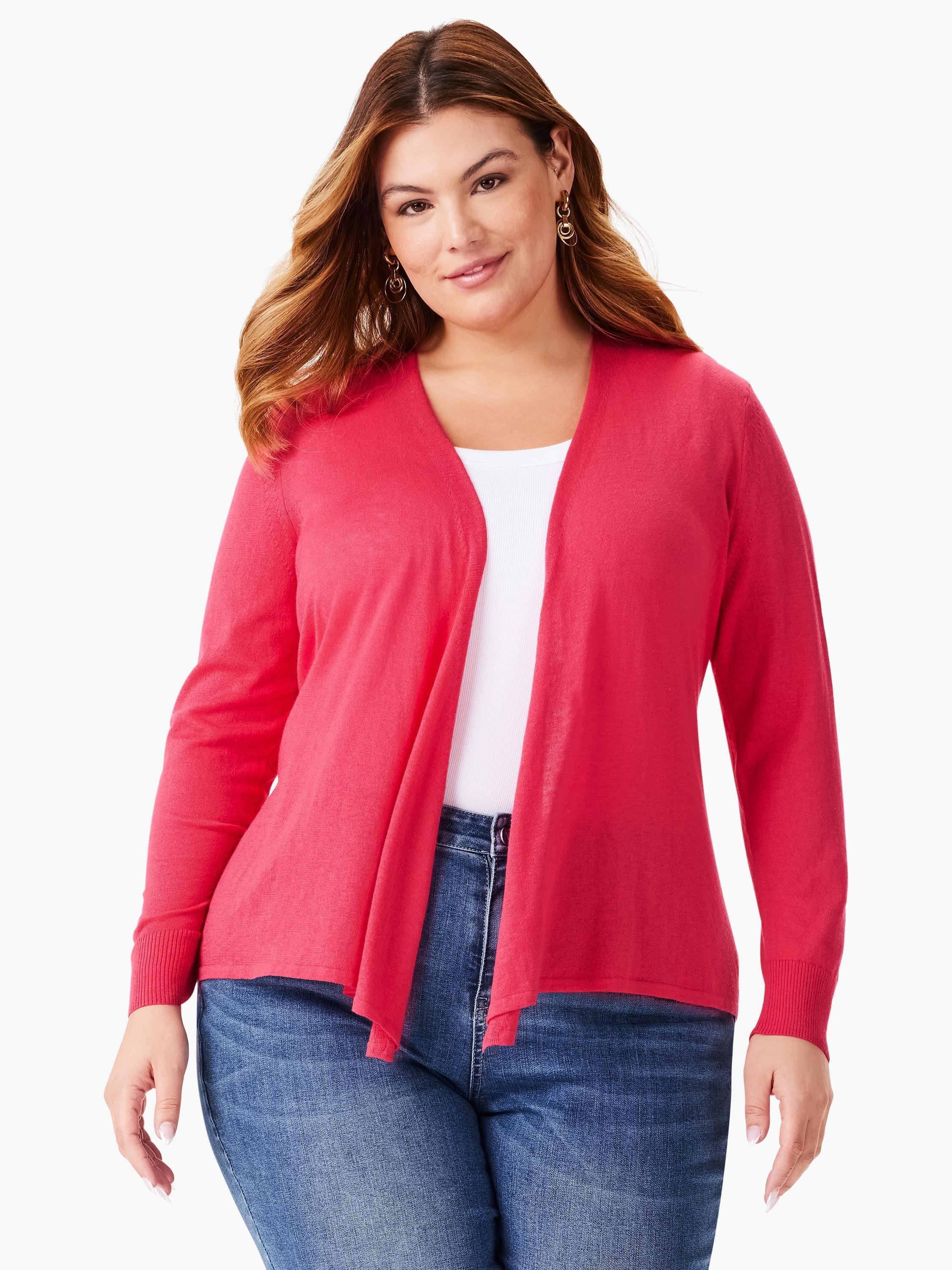 Bright coral pink open-front cardigan with a draped hem, long sleeves, and ribbed cuffs, worn over a white top.