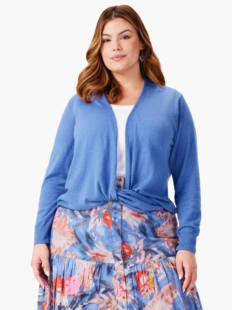 Light blue, open front, long sleeve cardigan tied at the waist.