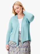 Pale aqua open-front cardigan with long sleeves, ribbed cuffs, and a draped front.