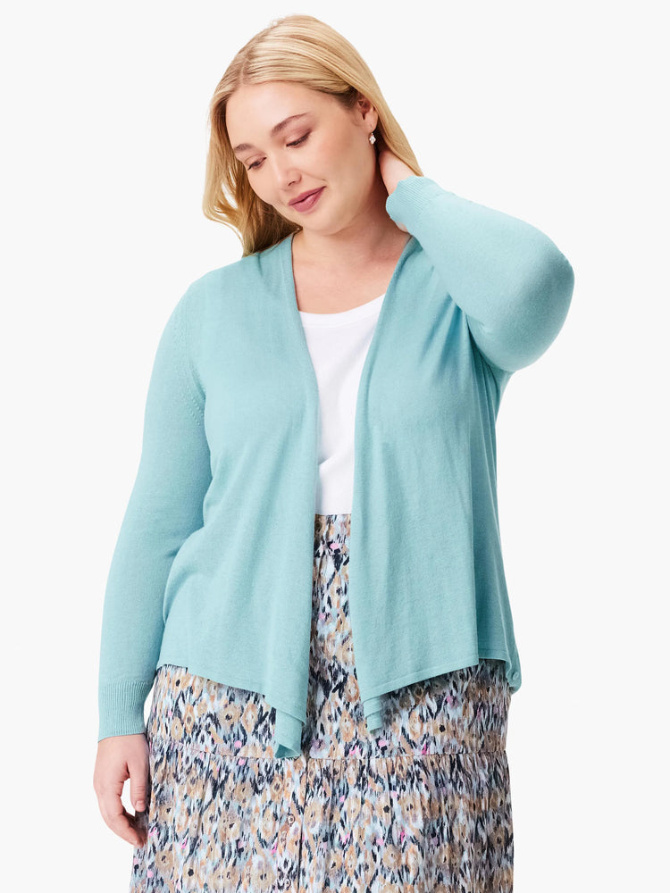 Pale aqua open-front cardigan with long sleeves, ribbed cuffs, and a draped front.