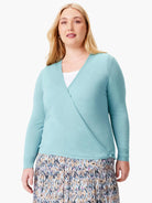 Aqua knit wrap cardigan with a V-neck, long sleeves, and a side button closure.