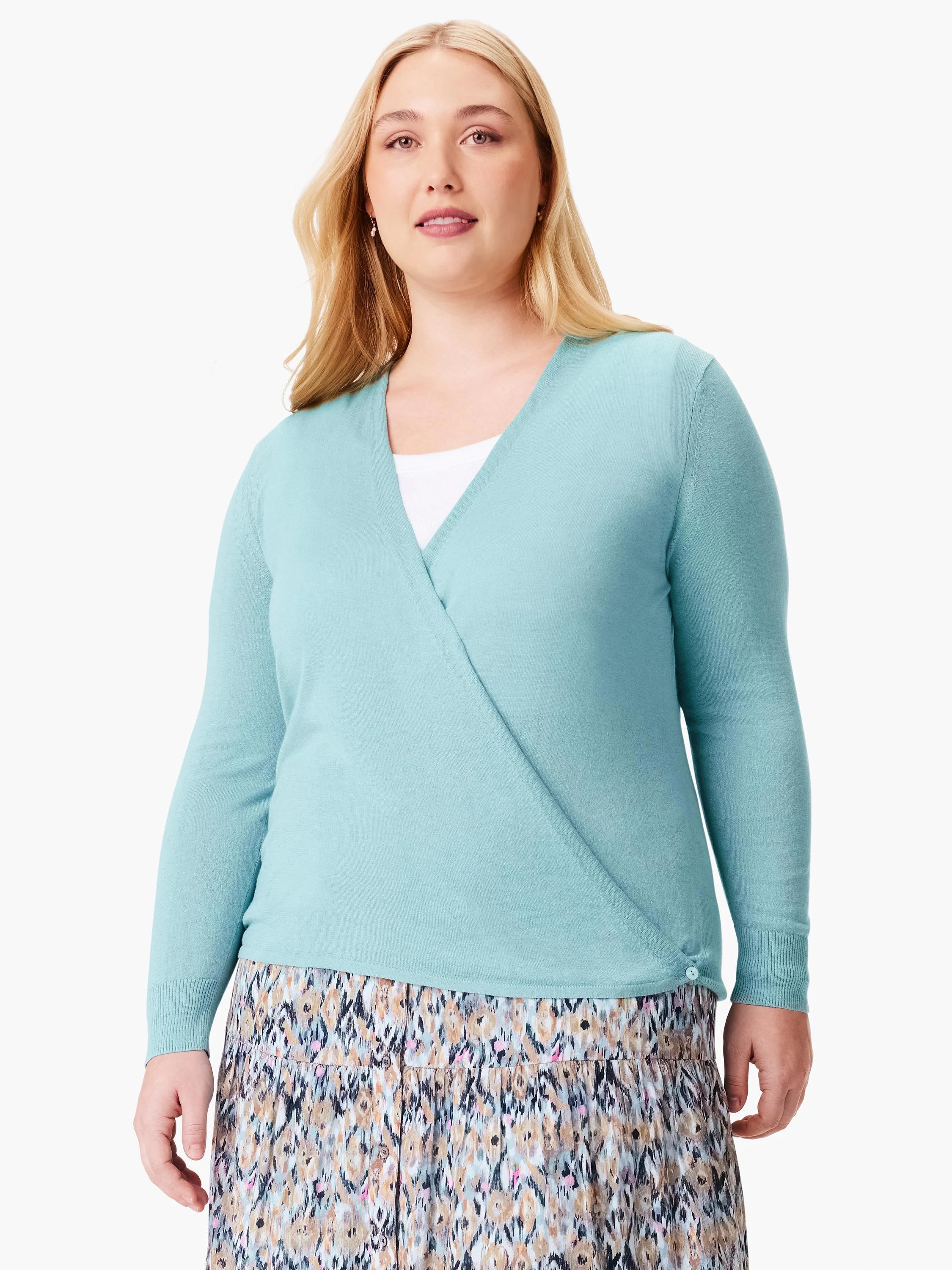 Aqua knit wrap cardigan with a V-neck, long sleeves, and a side button closure.