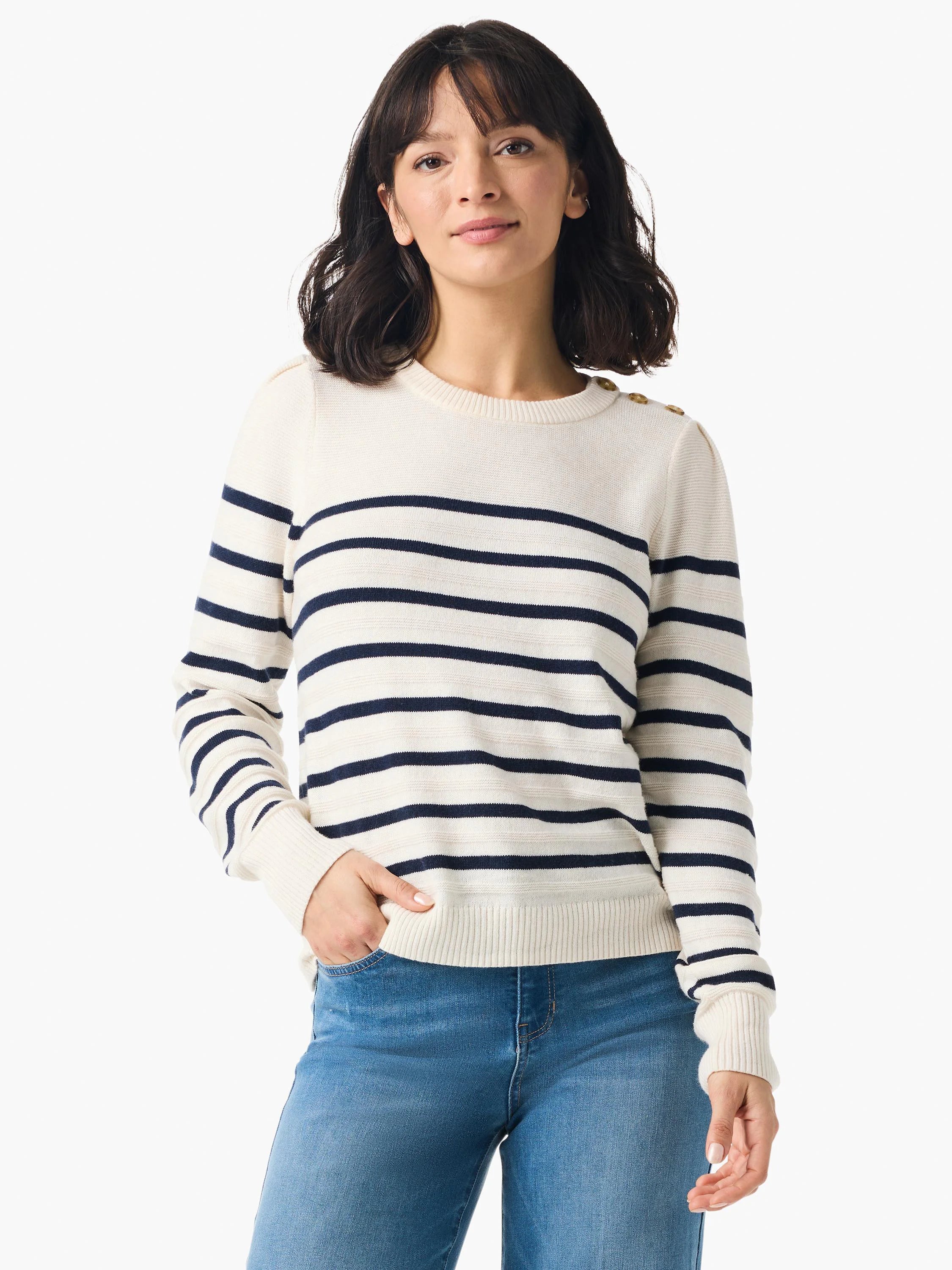 Cream cashmere sweater with navy blue horizontal stripes and gold buttons on shoulders.