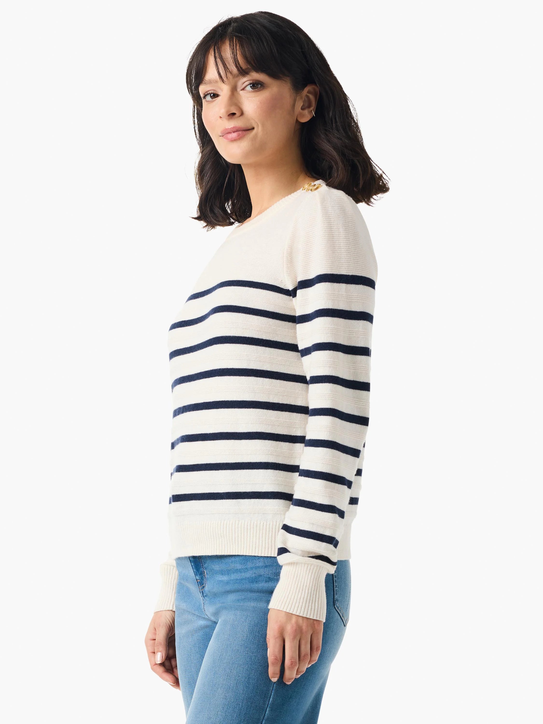 Cream cashmere sweater with navy blue horizontal stripes and gold buttons on the shoulders.