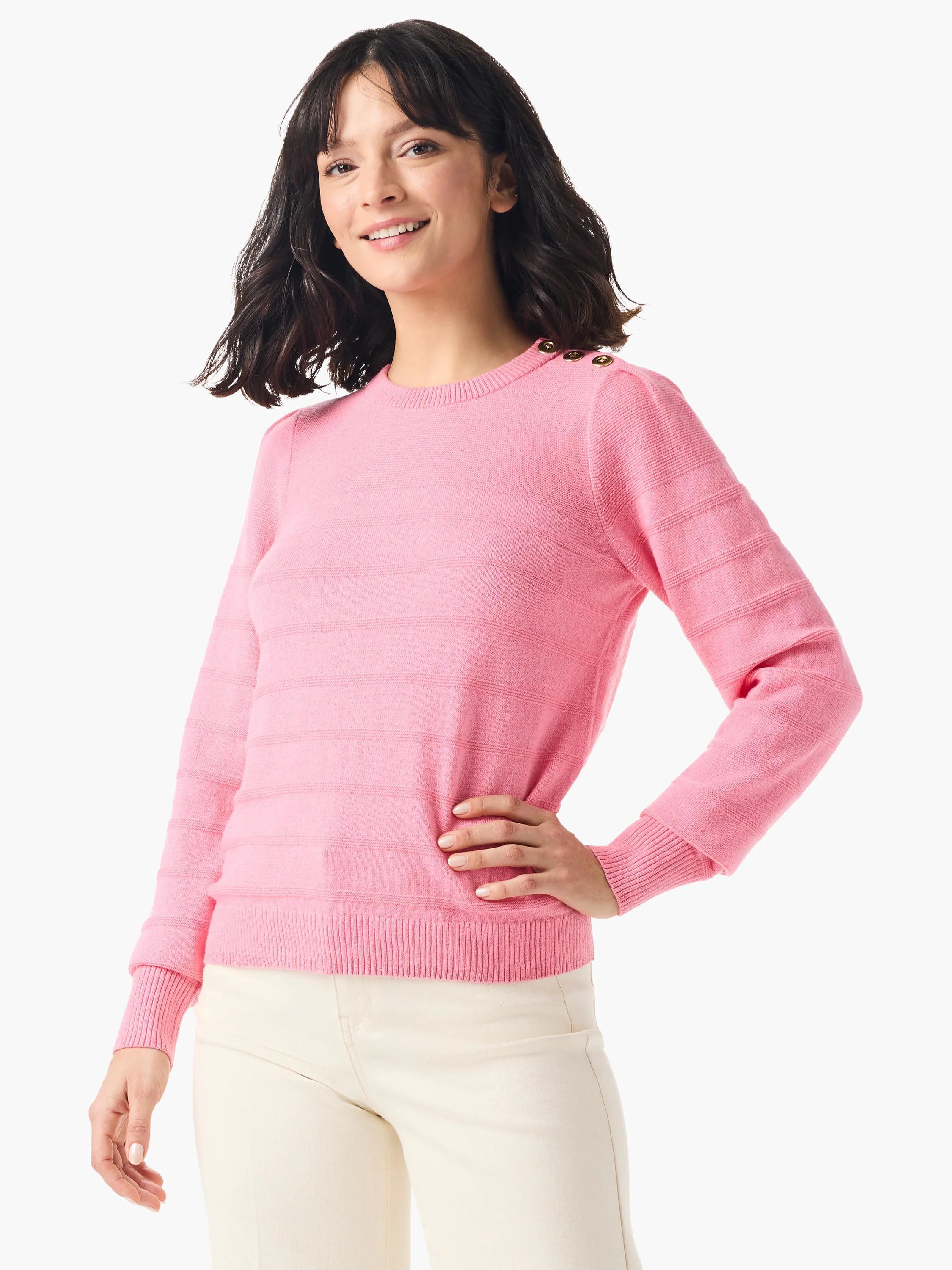 Pink cashmere sweater with subtle horizontal stripes and three gold buttons on each shoulder.