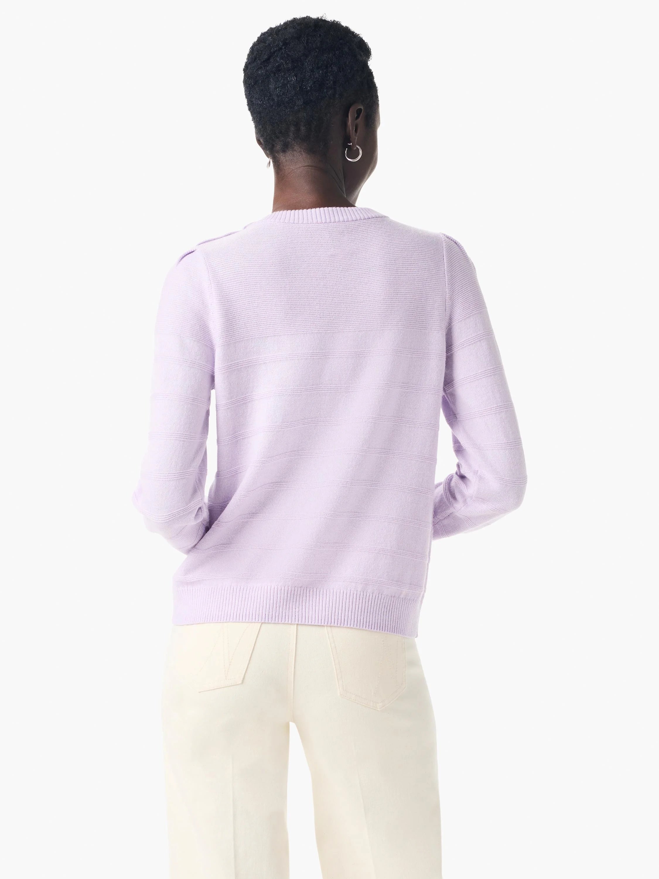 Here's alt text for the image, suitable for visually impaired users:

"Lilac cashmere sweater, long sleeves, ribbed...