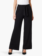 Black wide-leg pants with a self-tie belt.  Side slits at hem.