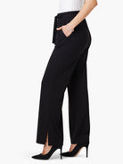 Black wide-leg pants with a pull-on waistband and side slits.  Image shows a side view.