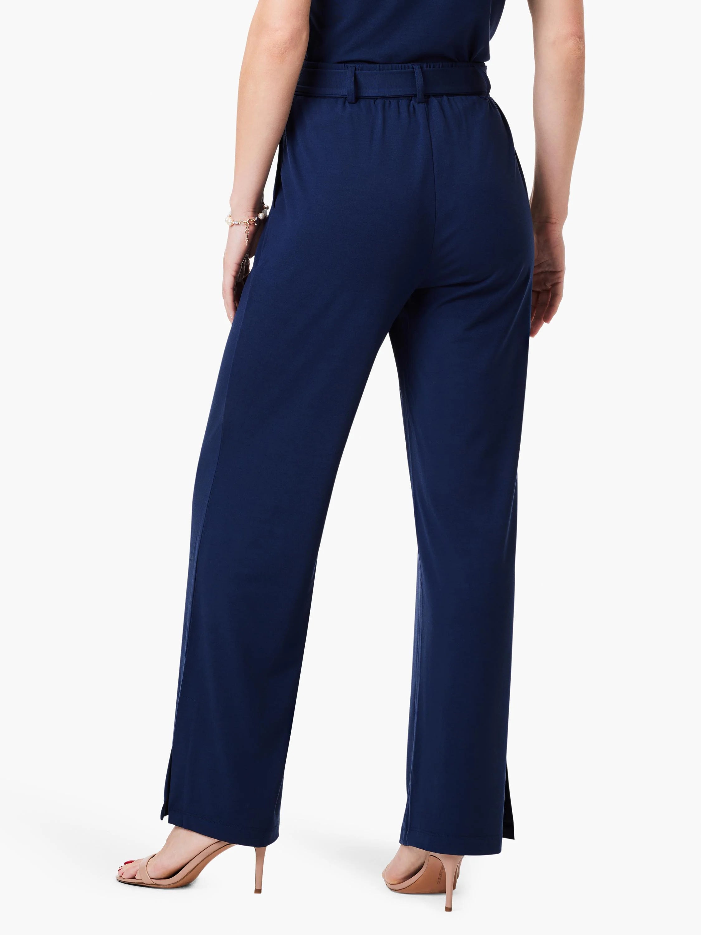Here's alt text for the image, suitable for visually impaired users:

"Navy blue wide-leg pants with a waistband; side...