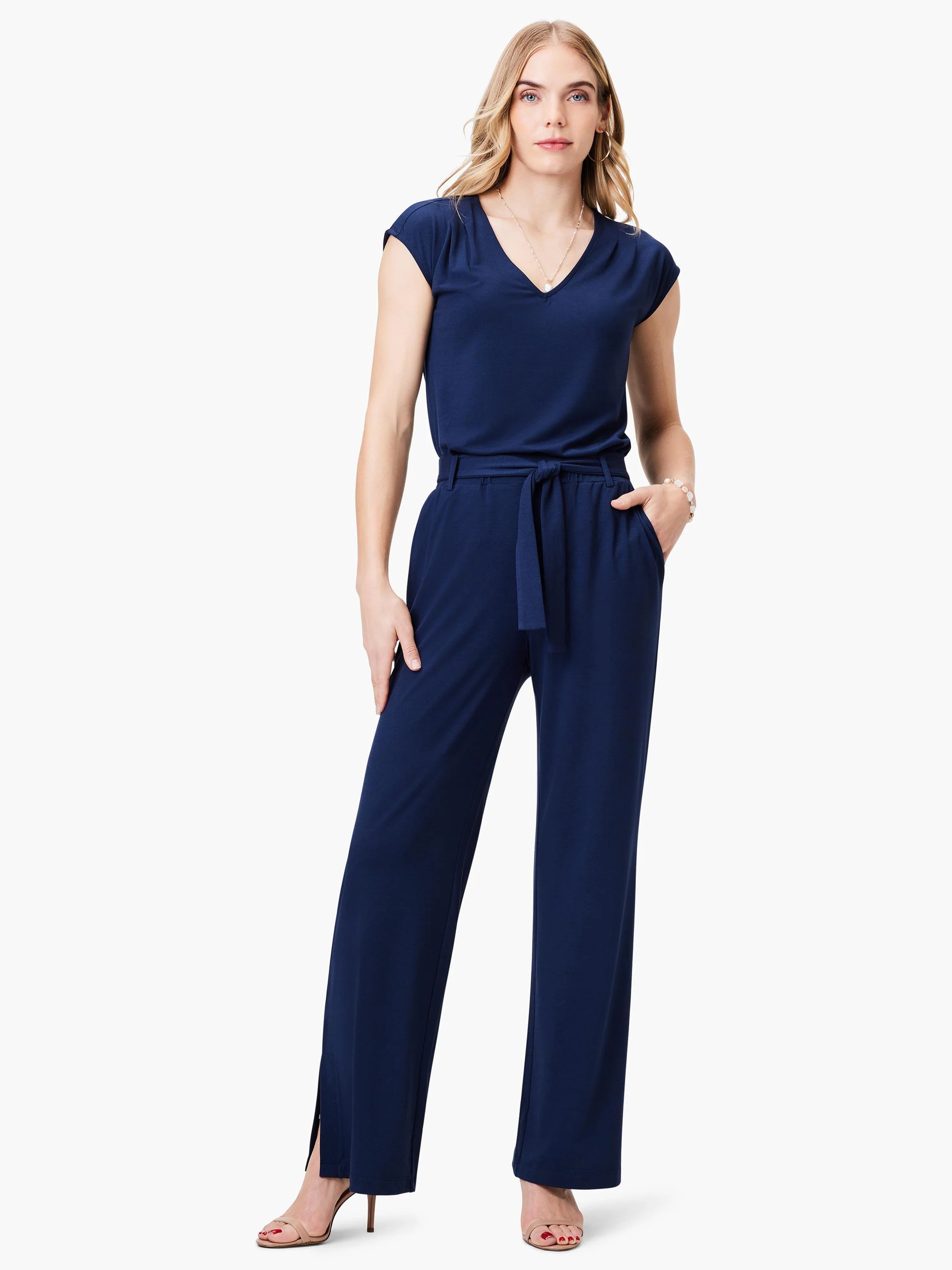 Navy blue wide-leg pants with a self-tie belt and side slits.