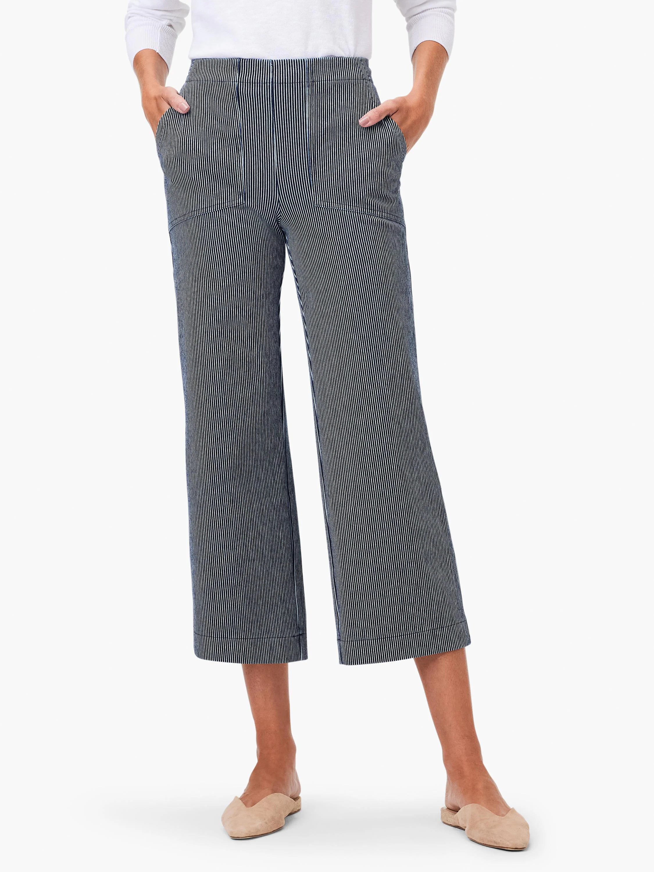 White and navy vertical stripe wide-leg jeans, cropped to mid-calf, with side pockets.