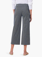 Navy and white pinstripe wide-leg cropped jeans, shown from the back.