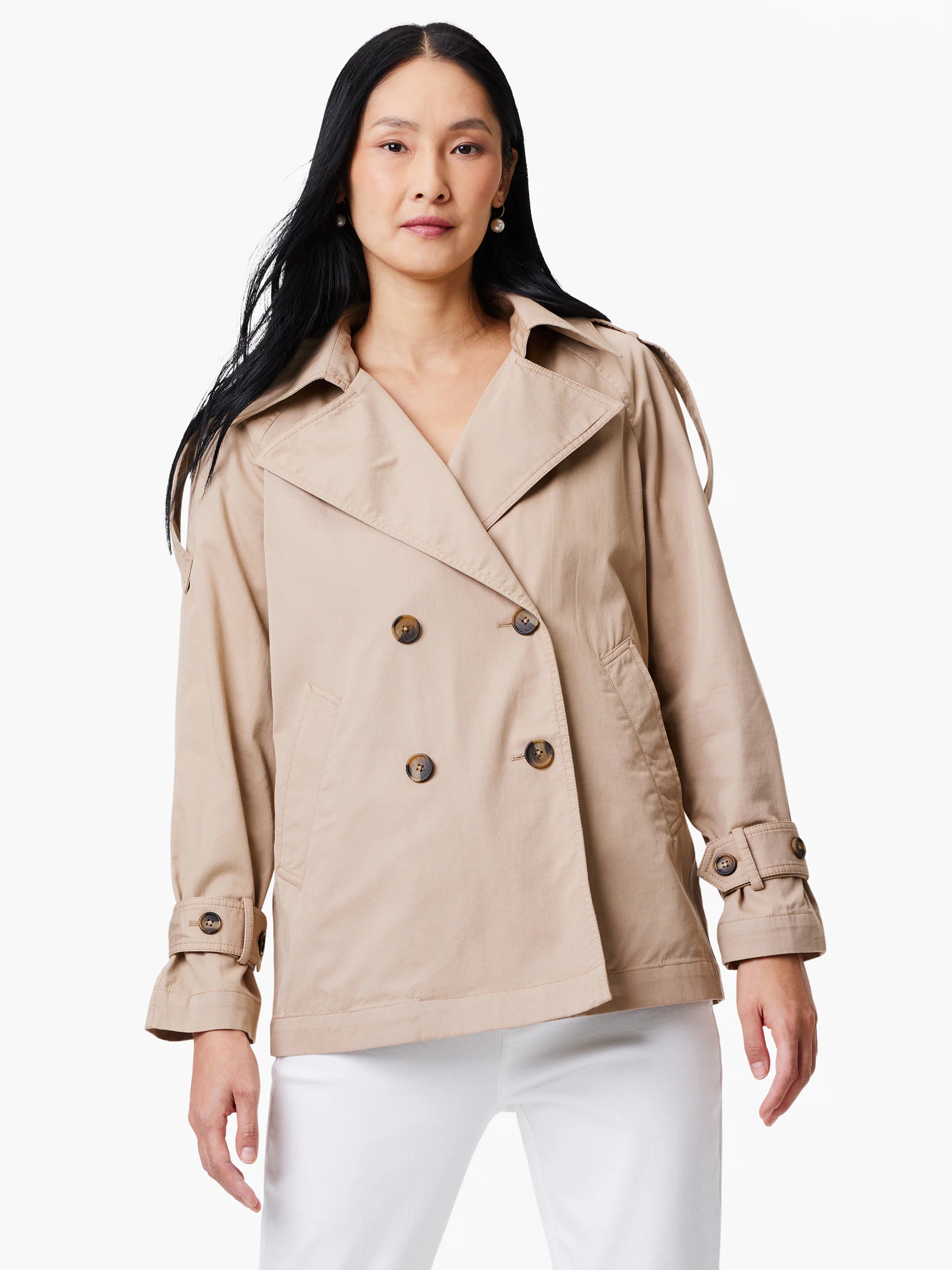 Beige double-breasted trench coat with dark buttons and belted cuffs.
