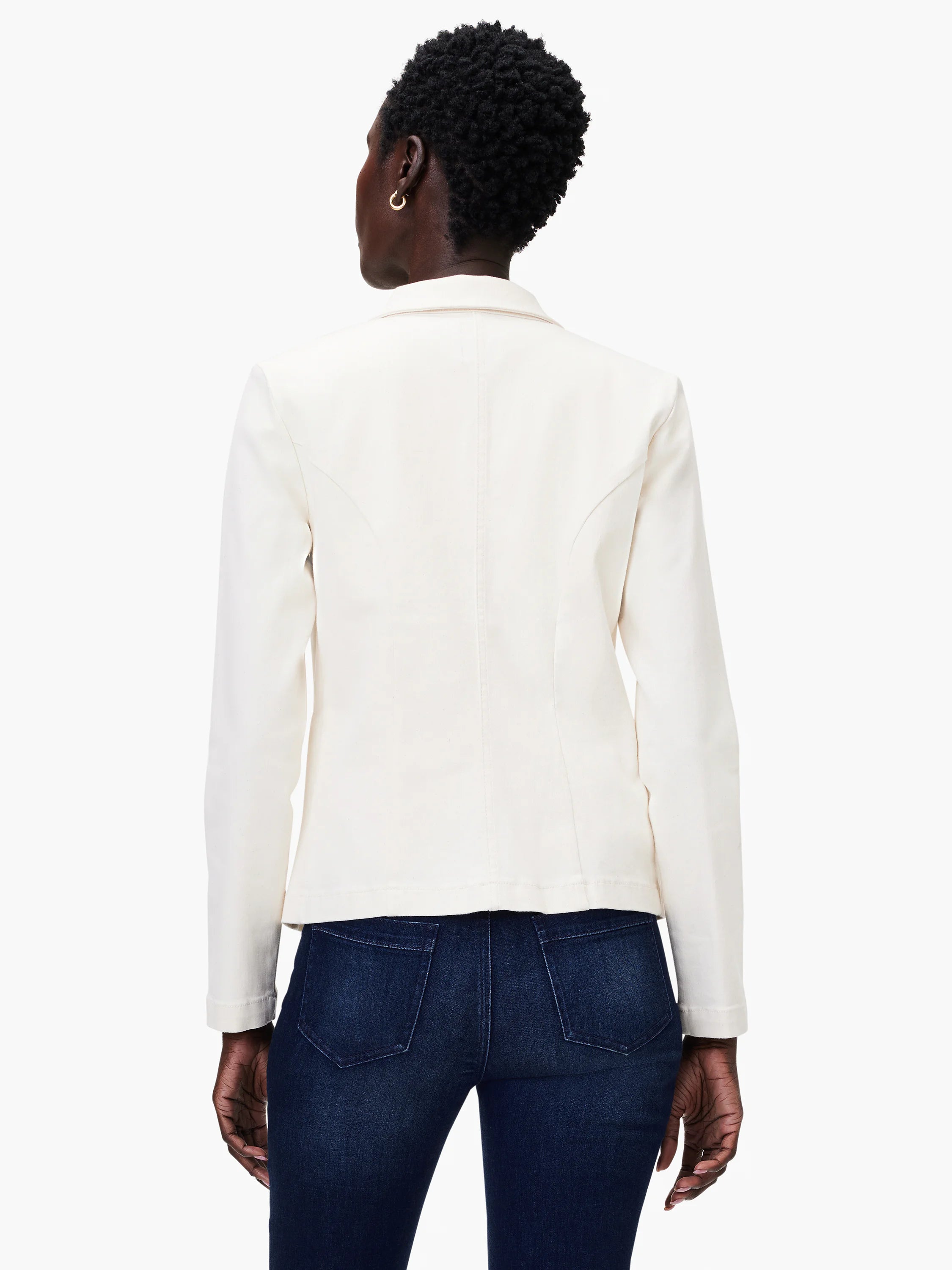 Off-white denim blazer, long sleeves, shown from the back.