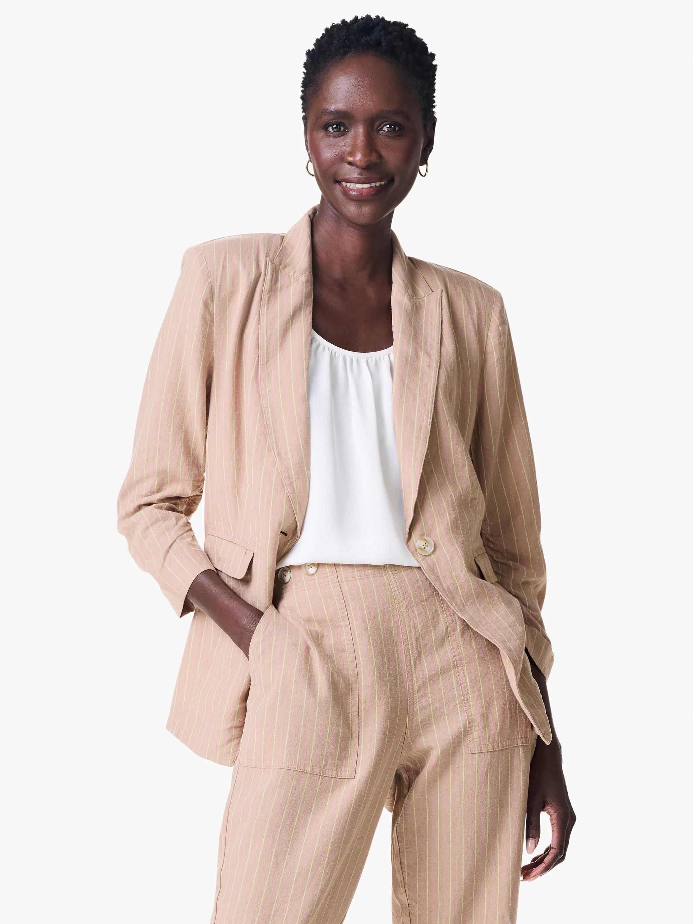 Beige jacket with thin pink stripes, three-quarter sleeves, and a single button.