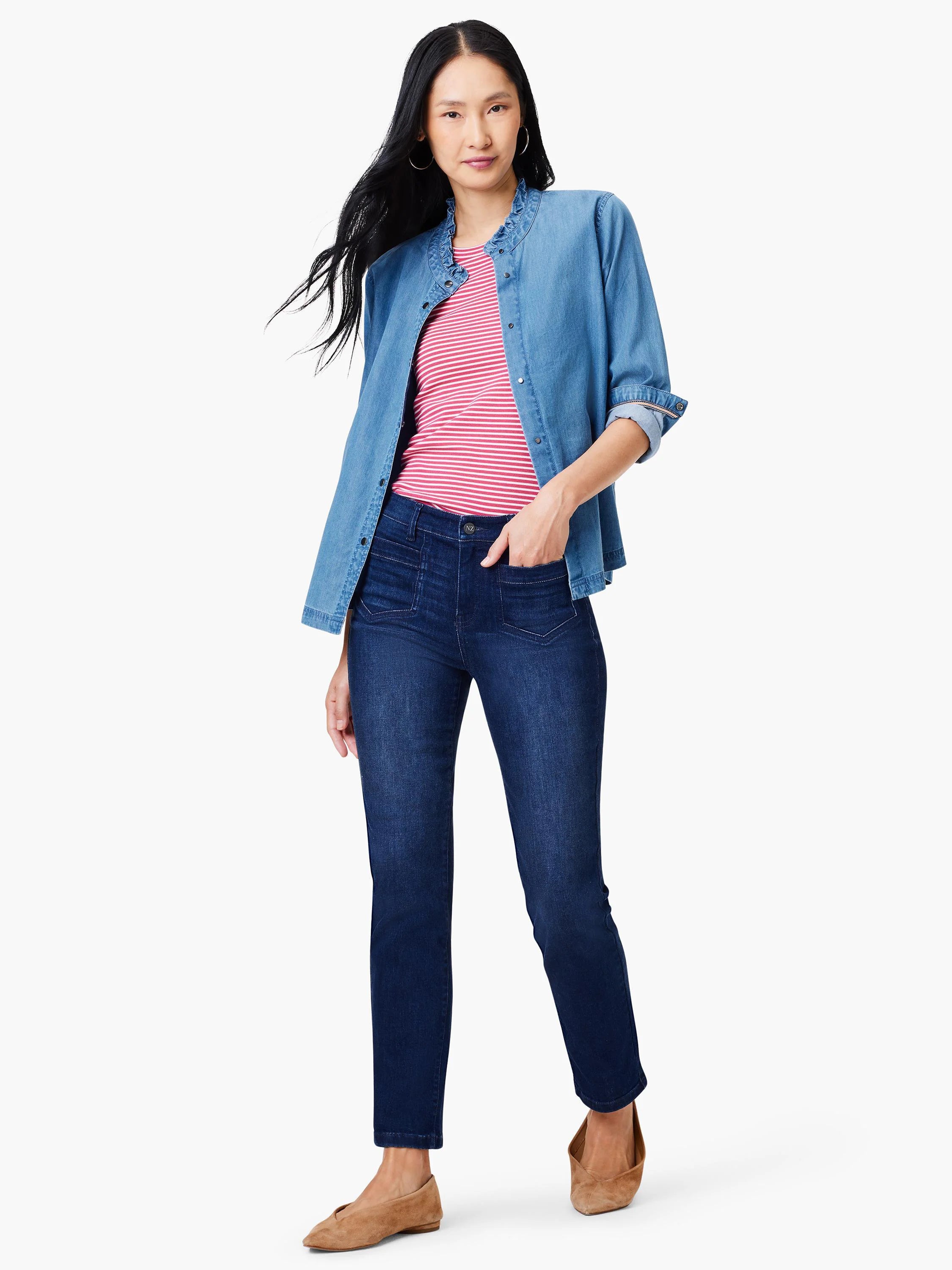 Light blue denim shirt with ruffle neck, worn over pink striped shirt.  Model also wears dark wash jeans and tan flats.