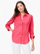 Poppy cotton button-down shirt with white buttons and rolled sleeves.