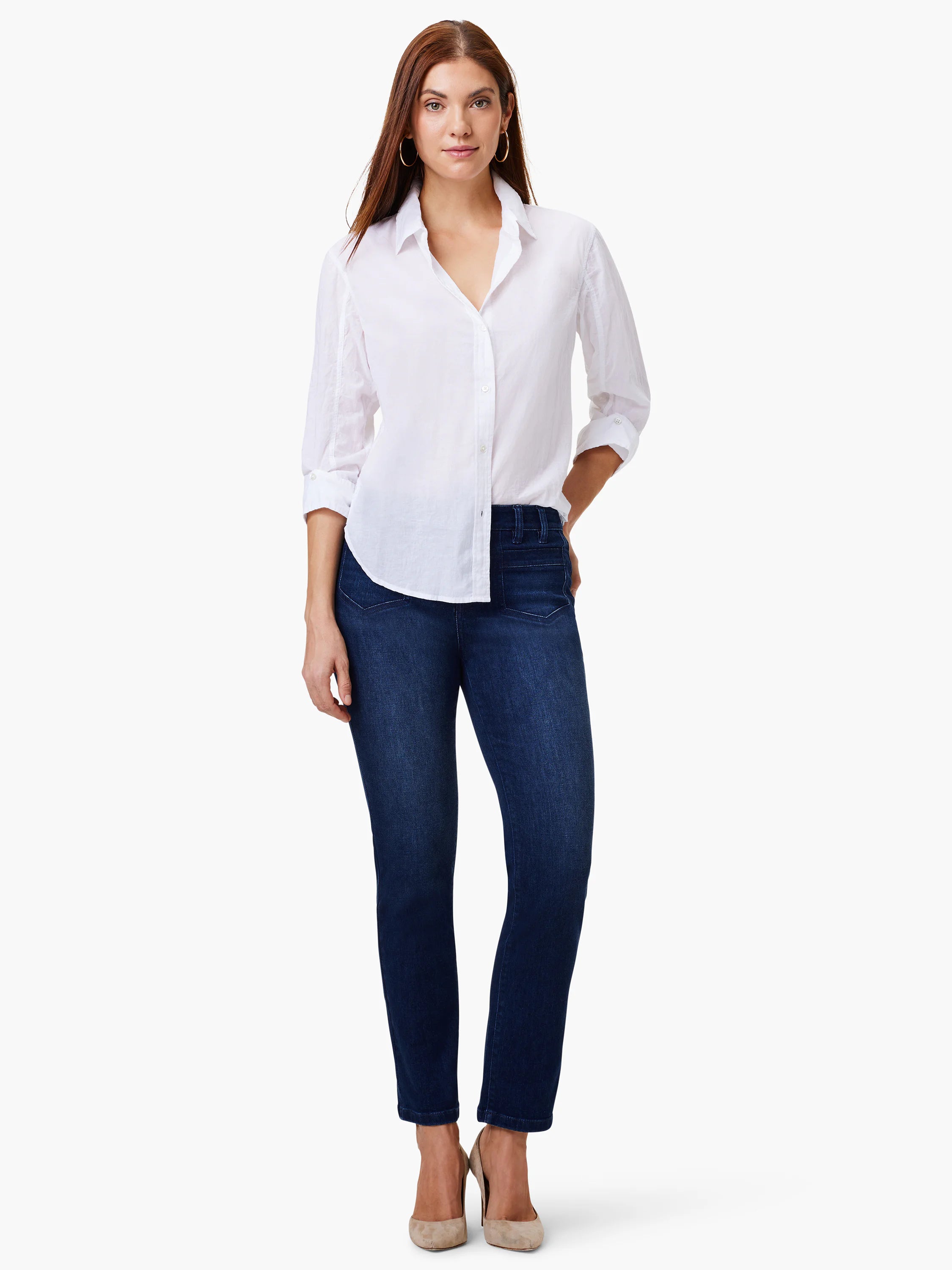 White button-down cotton shirt with rolled sleeves, an open collar, and a rounded hem.