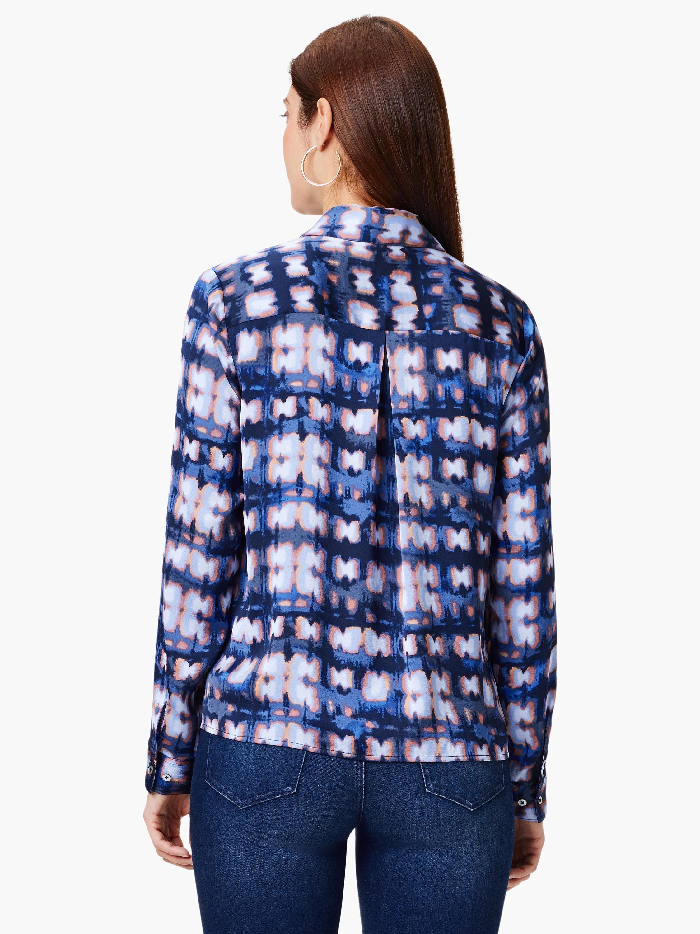 Blue, lavender, and peach abstract print long-sleeve shirt; collared, buttoned.