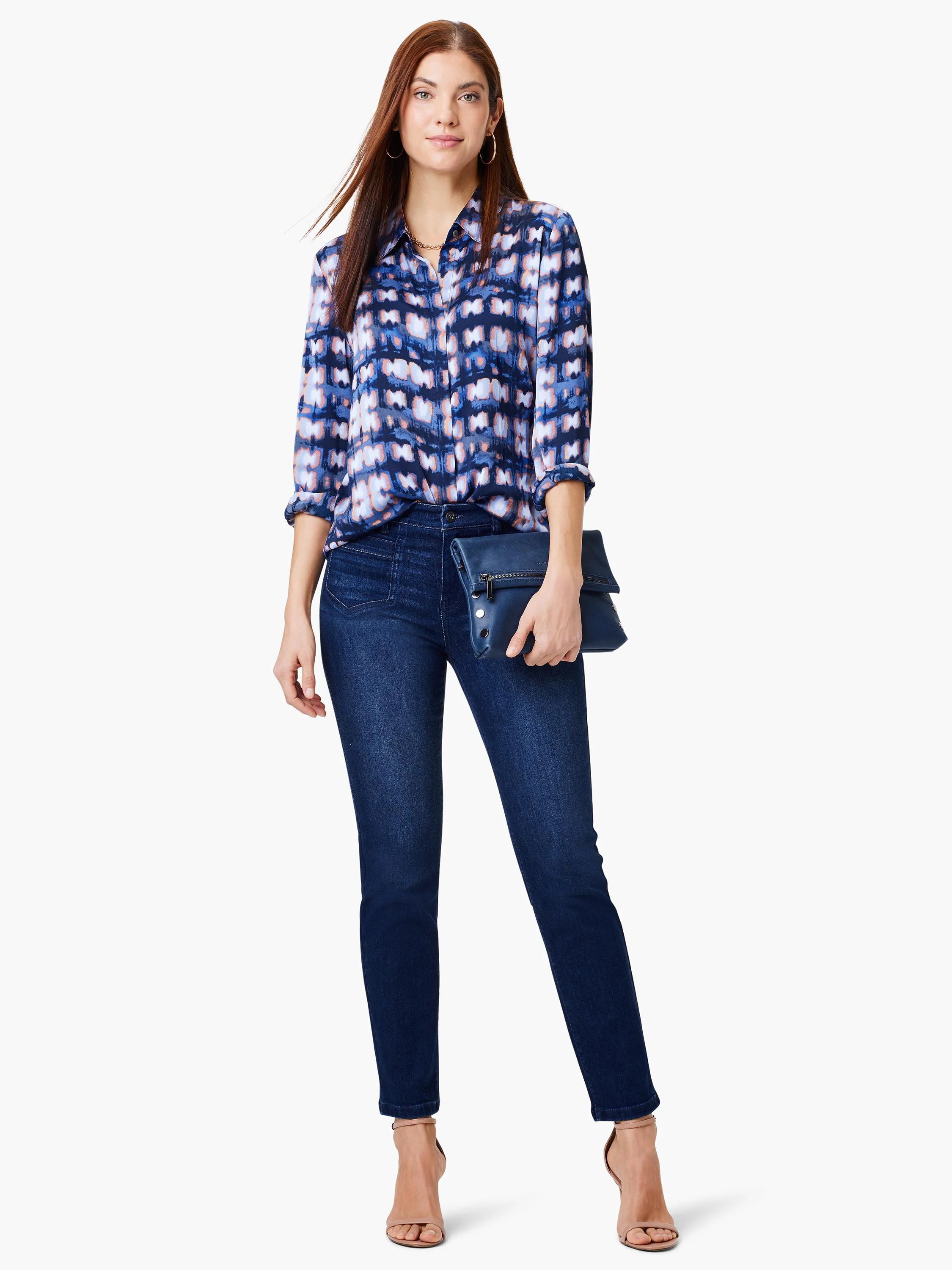 Long-sleeve button-down shirt in blue, white, and peach with an abstract pattern.