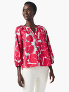 Red and gray abstract floral print 3/4 sleeve button-down shirt.