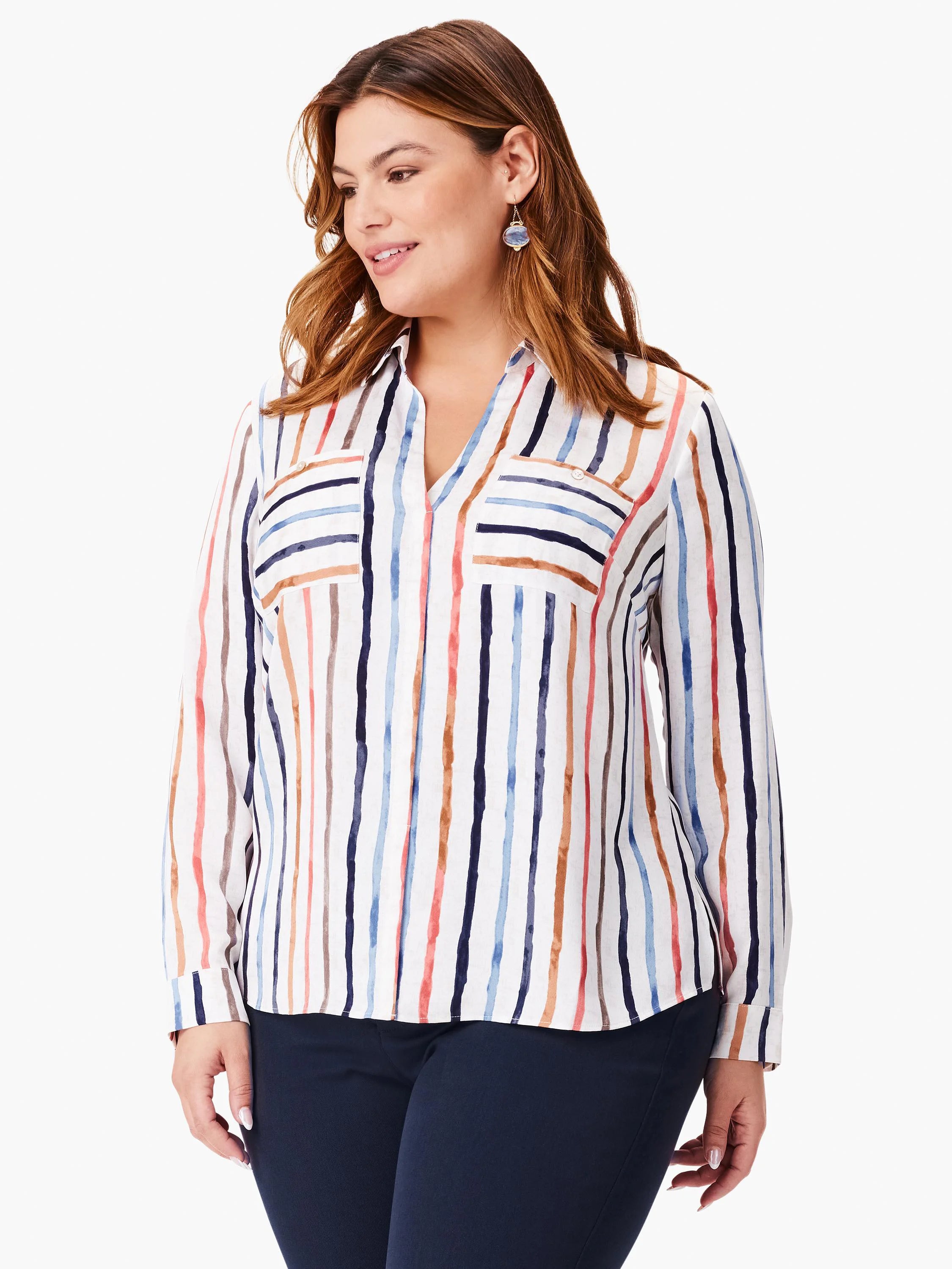 White top with vertical painted stripes in navy, light blue, rust, coral, and gray. V-neck, two chest pockets.