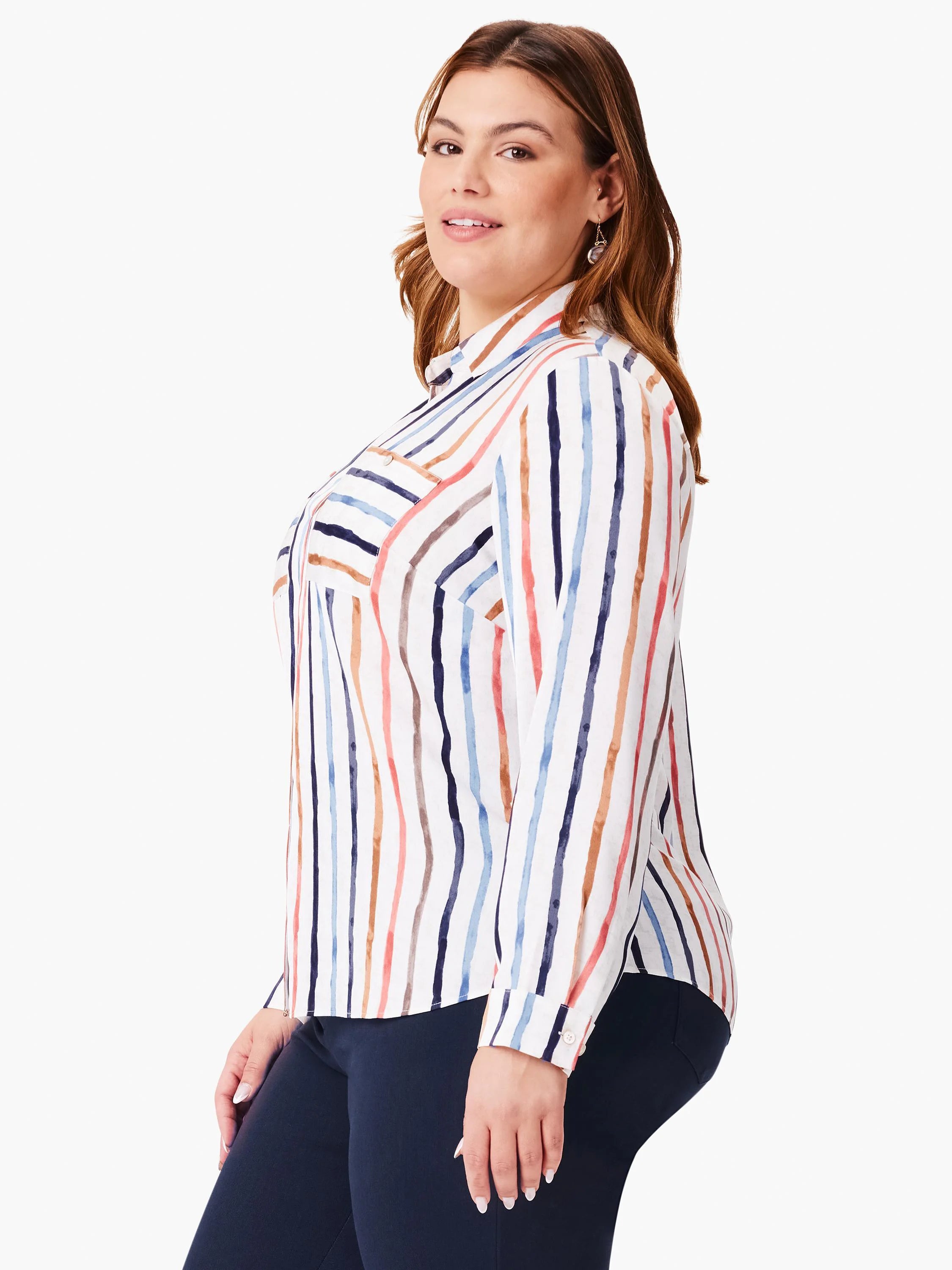 White top with vertical painted stripes in navy, light blue, coral, and brown. Button-front, collared, and chest pocket.