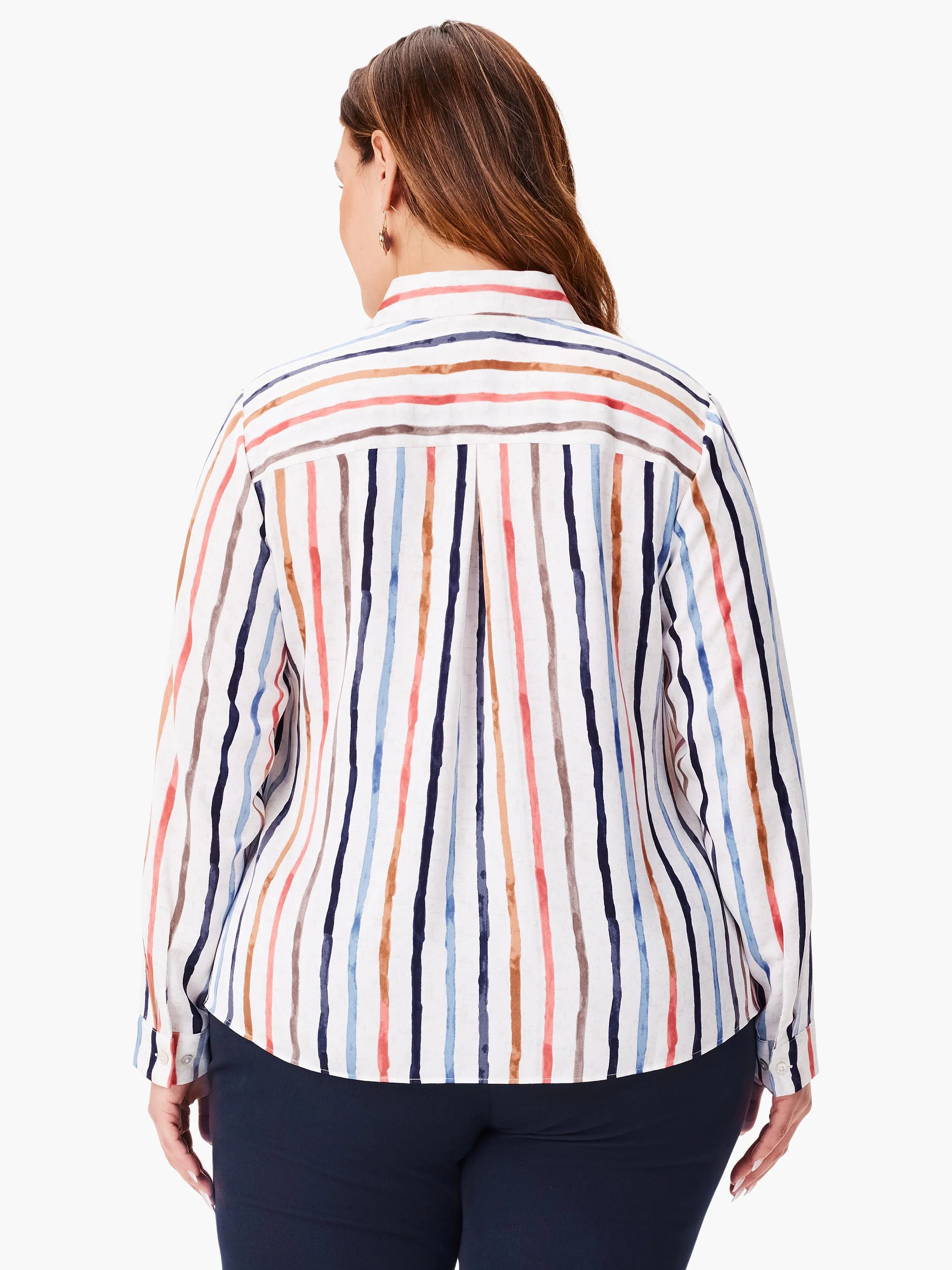 Painted-style white top with vertical stripes in navy, light blue, terracotta, and brown. Horizontal stripes on upper back.