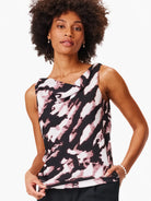 Sleeveless cowl-neck tank top in black, mauve, and white abstract print.