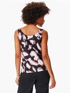 Black sleeveless tank top with a mauve and white abstract print.  Back view.