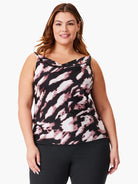 Black sleeveless tank top with mauve and white abstract print; cowl neck.