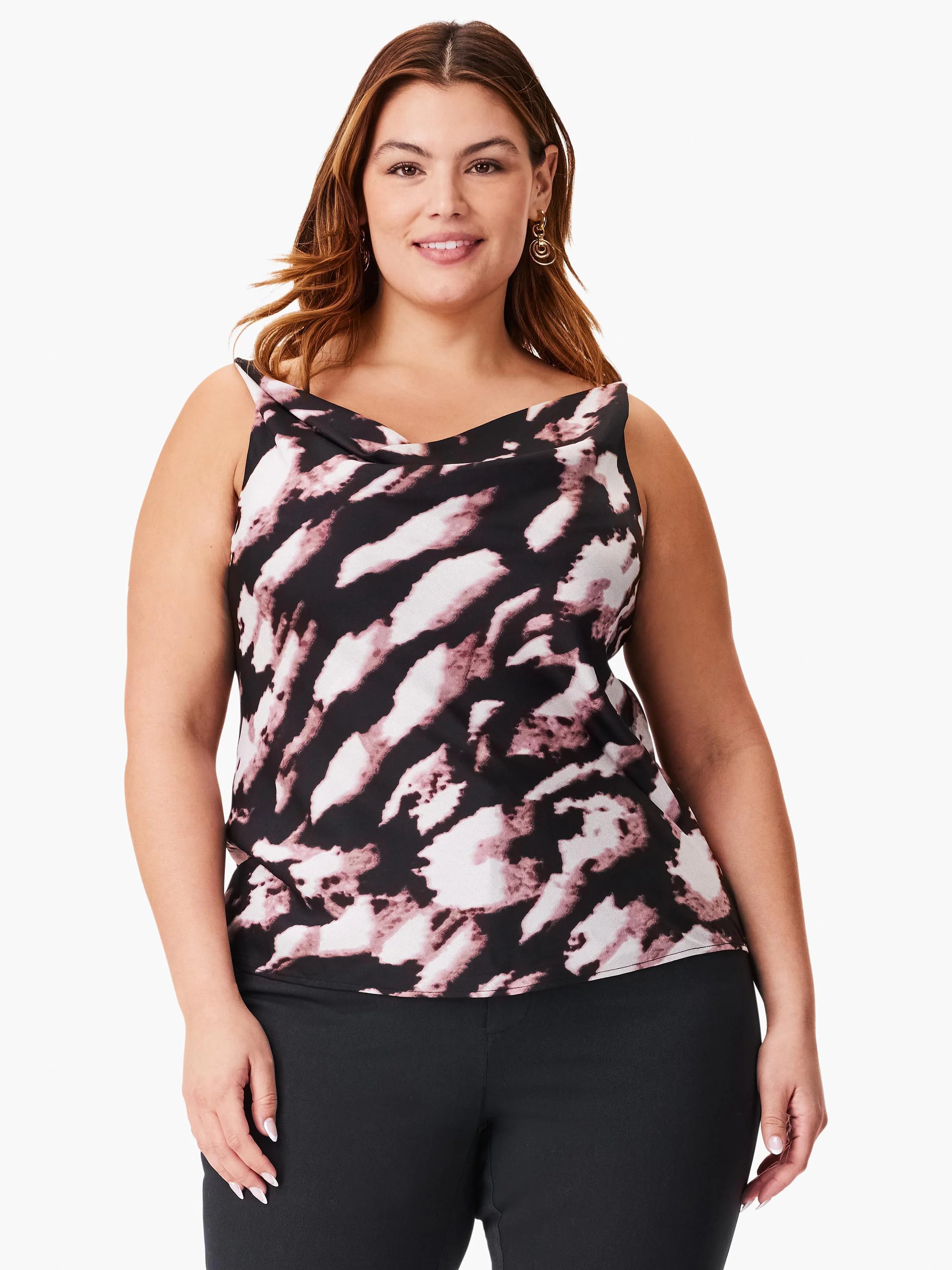 Black sleeveless tank top with mauve and white abstract print; cowl neck.