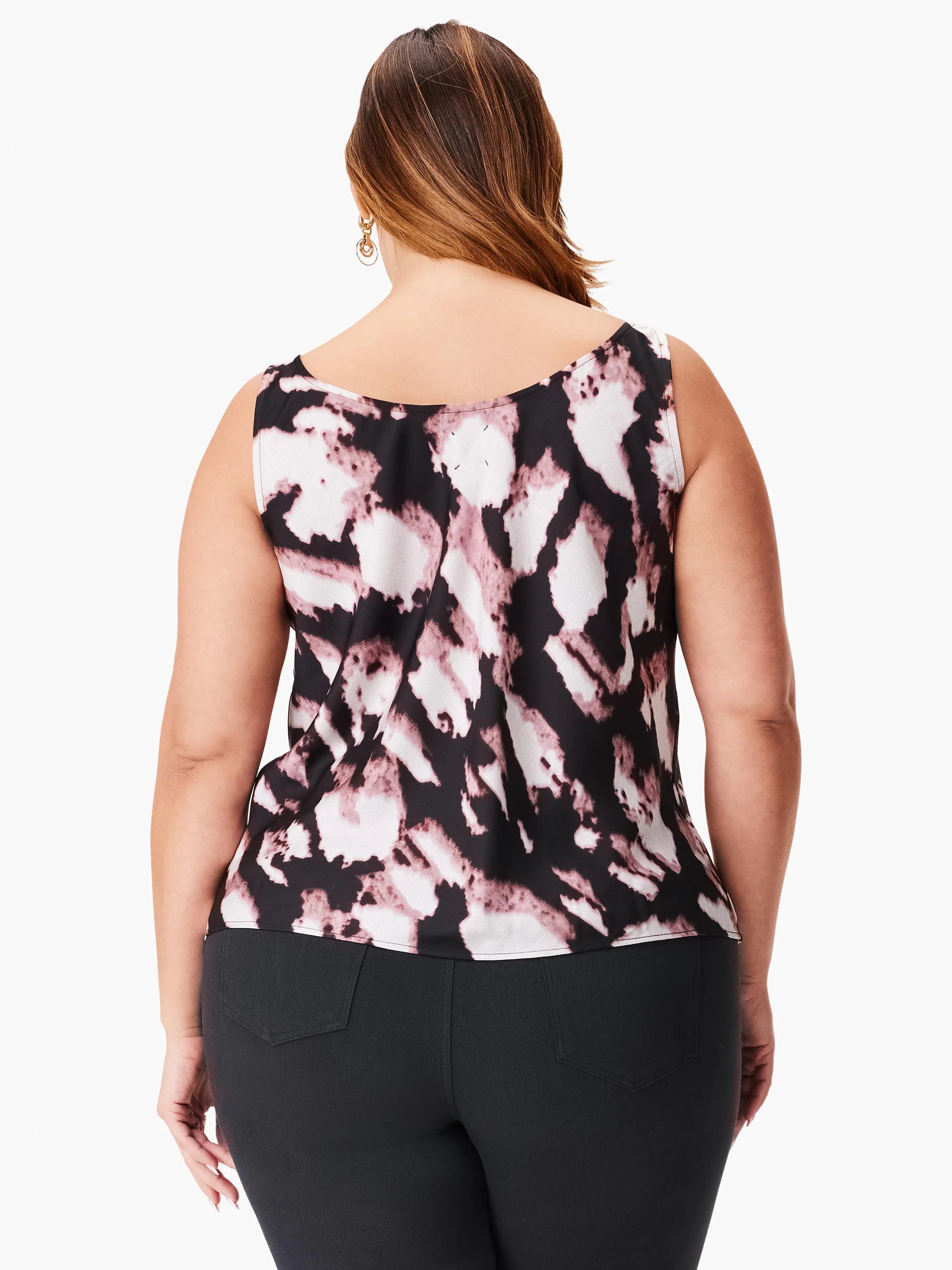 Black sleeveless tank top with a mauve and white abstract print.  Back view.