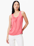 Coral pink satin tank with a scoop neck and gathered front.