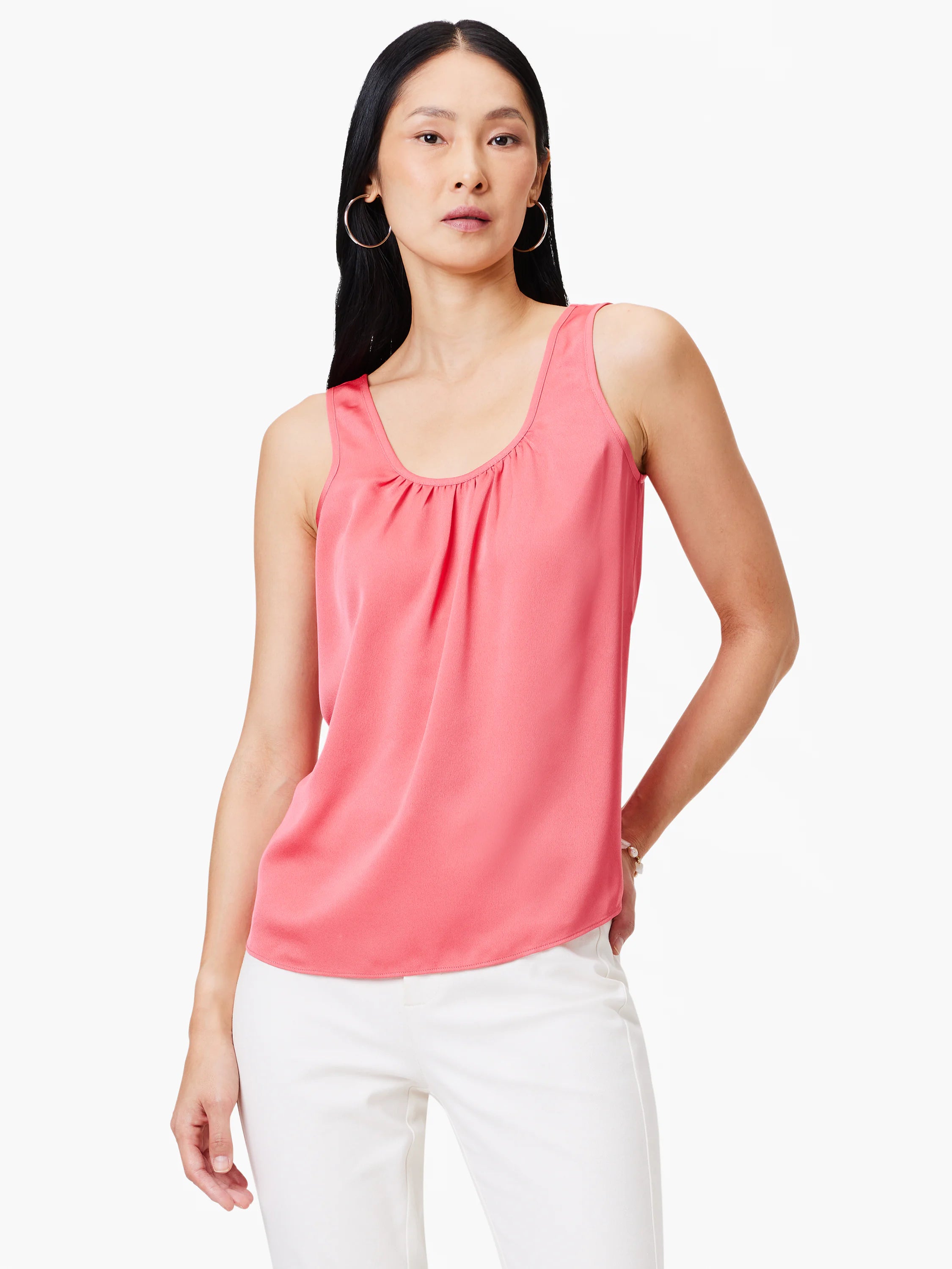 Coral pink satin tank with a scoop neck and gathered front.