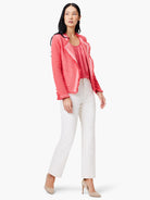 Coral pink satin chiffon scoop neck tank top with soft gathers.