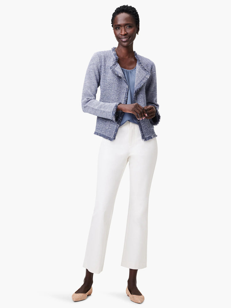 Muted blue scoop neck tank top with smooth, draped fabric.