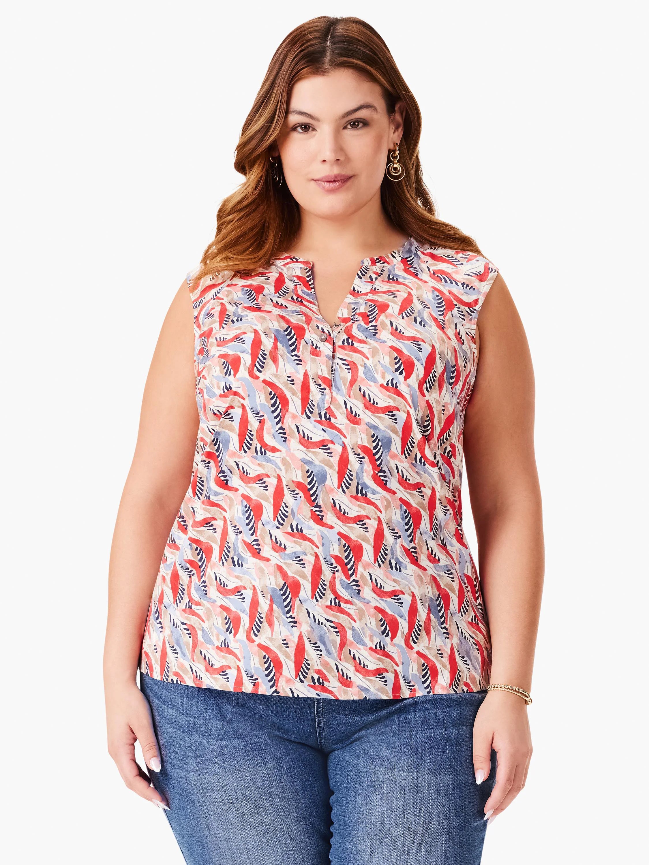Sleeveless top, red, blue, and beige abstract print on white background. V-neck.