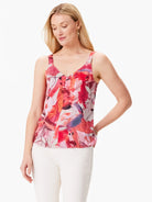 Red, pink, and gray abstract floral print cami; V-neck; sleeveless.