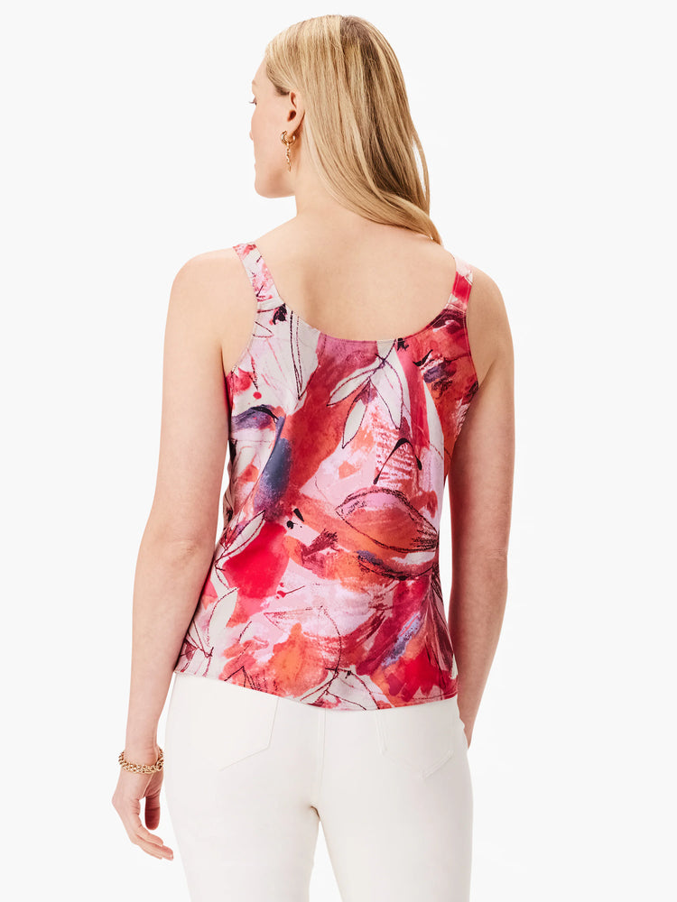 Red, orange, and pink abstract floral print on a sleeveless cami.  Back view.