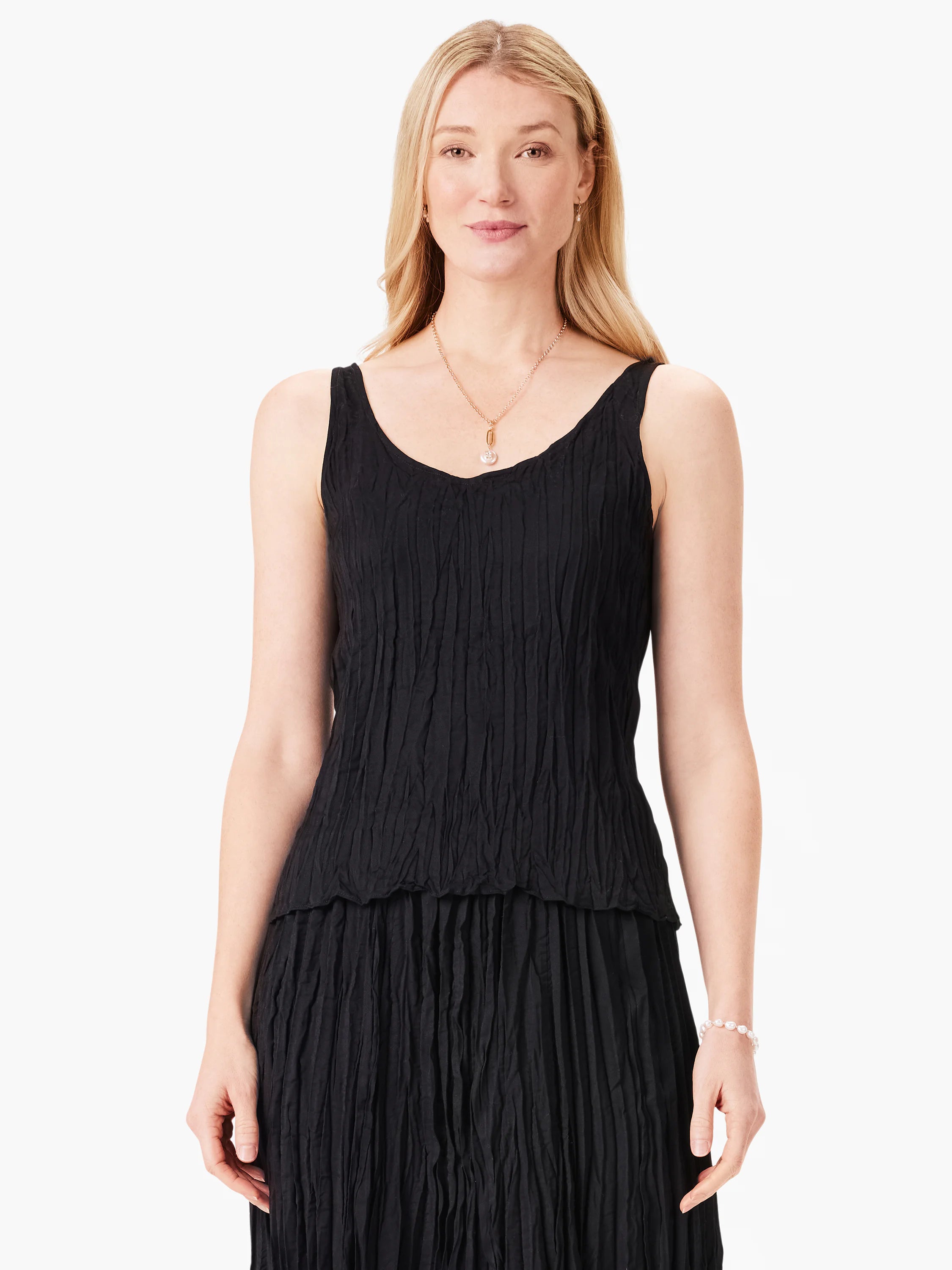 Black V-neck tank top with wide straps and an all-over vertical crinkled texture.