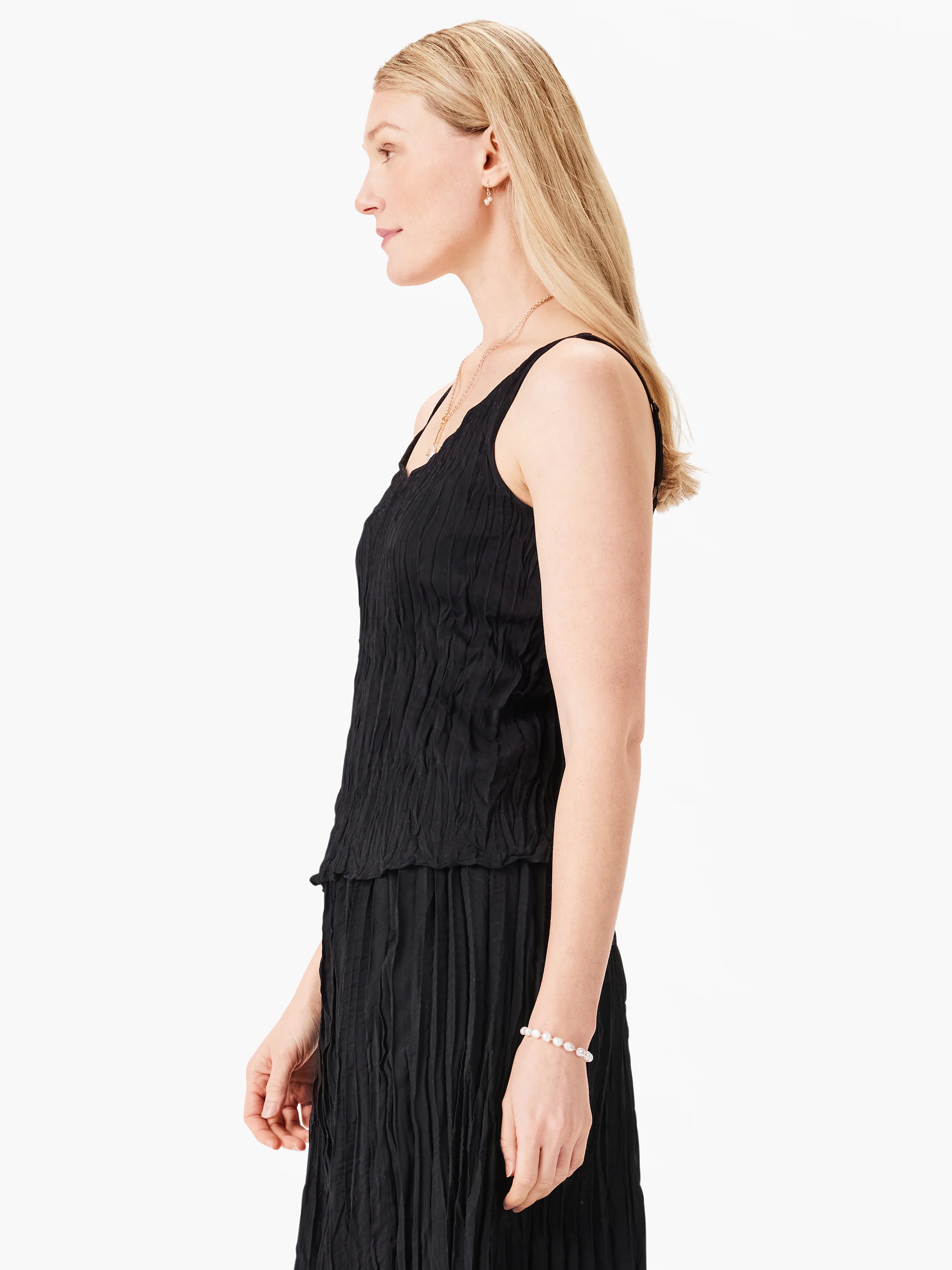 Sleeveless black tank top with an all-over crushed crinkle texture.